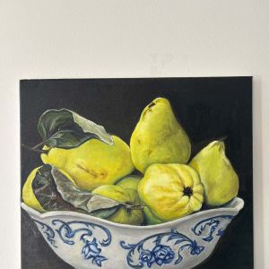 quinces in a bowl, oil on linen, 0,40 x 0,40 m, E500